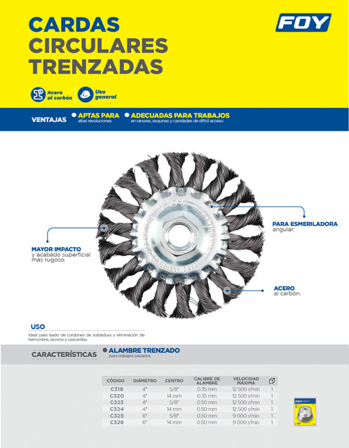 Carda circular trenzada alambre grueso 6" x 0.50 con rosca 5/8" Foy