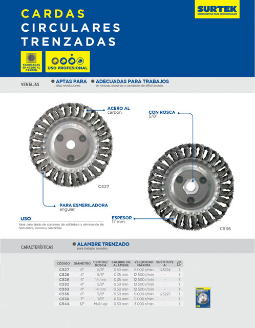Carda circular trenzada alambre grueso 4" x 0.50 mm con rosca M14 Surtek