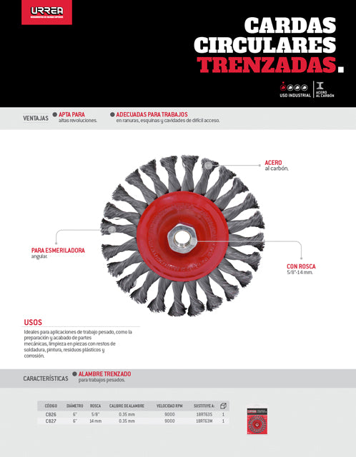 Carda circular trenzada alambre delgado 6" x 0.35 mm con rosca M14 Urrea