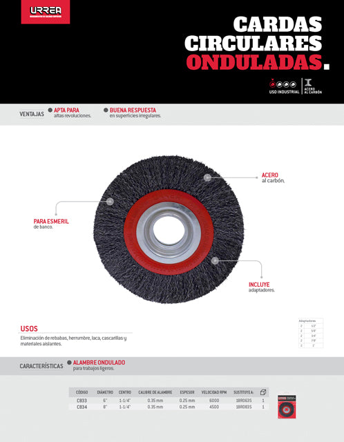 Carda circular ondulada alambre delgado para esmeril 6" x 0.35 mm multi eje Urrea