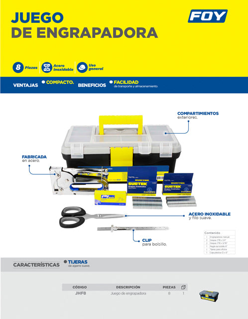 Juego combinado de herramienta 8 piezas, con caja plástica Foy