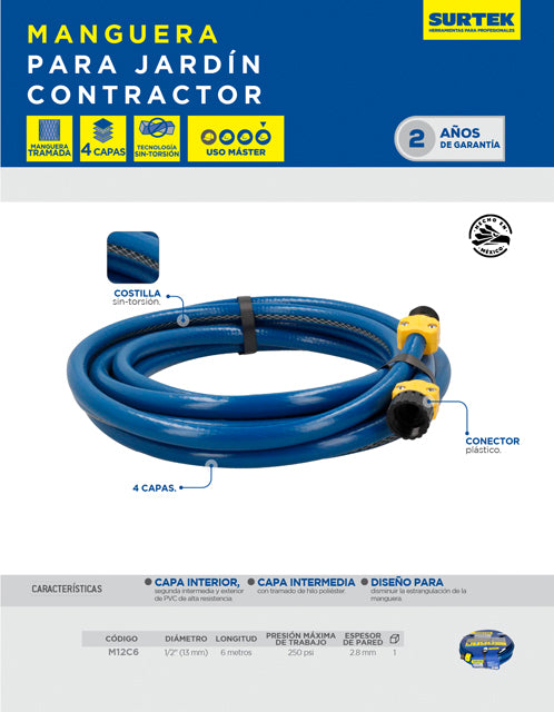 Manguera para jardín contractor con conector plástico 1/2", 6 m Surtek