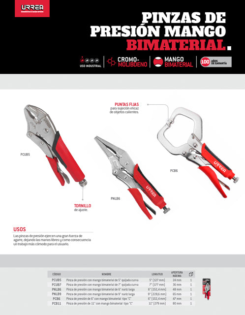 Pinza de presión con mango bimaterial de 11" tipo "C" Urrea