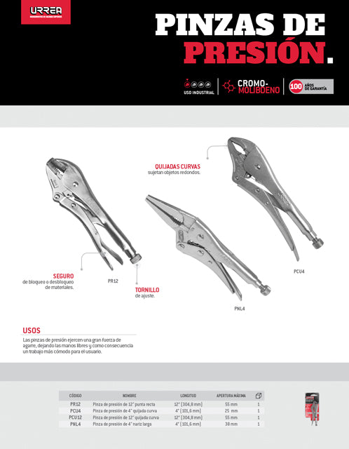 Pinza de presión de 4" quijada curva Urrea