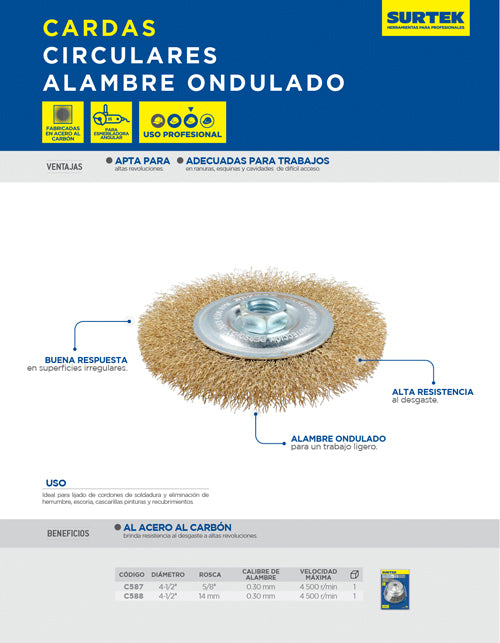 Carda circular ondulada alambre delgado 4-1/2" x 0.30 mm con rosca 5/8" Surtek