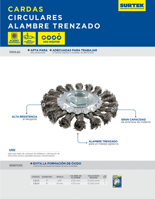 Carda circular ondulada alambre grueso acero inoxidable 4" x 0.30 mm con rosca 5/8" Surtek