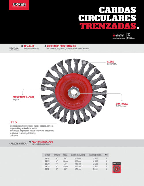 Carda circular trenzada alambre delgado 4" x 0.35 mm con rosca 5/8" Urrea