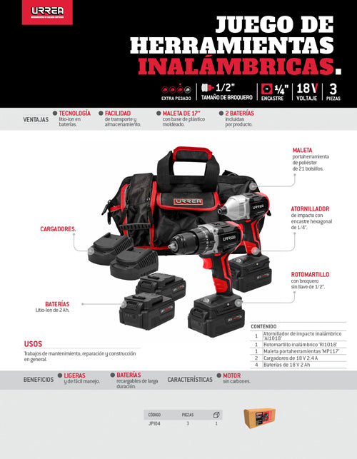 Juego de rotomartillo y atornillador de impacto a batería Li-ion 18 V, 3 piezas en maleta Urrea