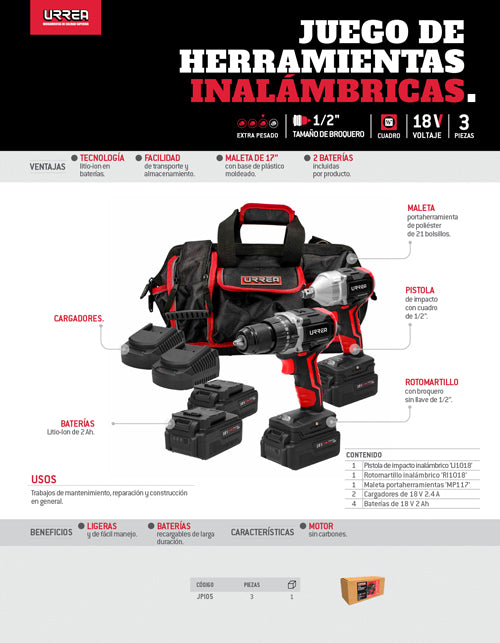 Juego de rotomartillo y pistola de impacto a batería Li-ion 18 V, 3 piezas en maleta Urrea
