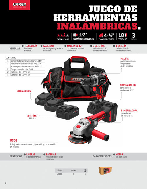 Juego de rotomartillo y esmeriladora a batería Li-ion 18 V, 3 piezas en maleta Urrea