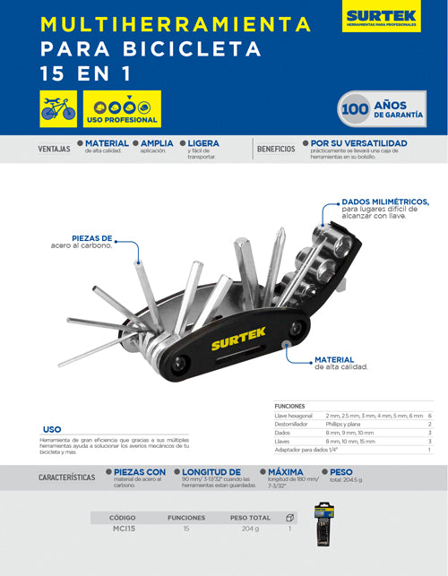 Pinza multiherramientas para bicicleta 15 en 1 Surtek