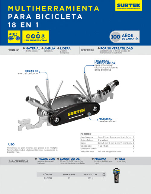 Pinza multiherramientas para bicicleta 18 en 1 Surtek