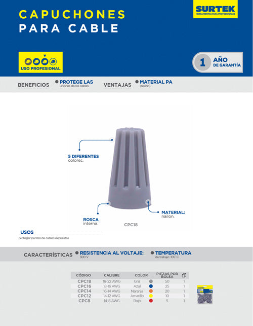 Capuchón para cable calibre 22 - 18, color gris Surtek