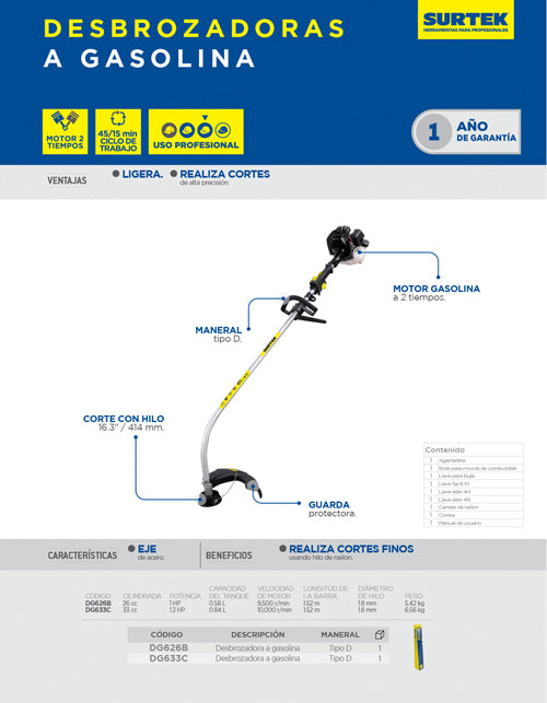 Desbrozadora a gasolina curva 16.3" 33 cc Surtek
