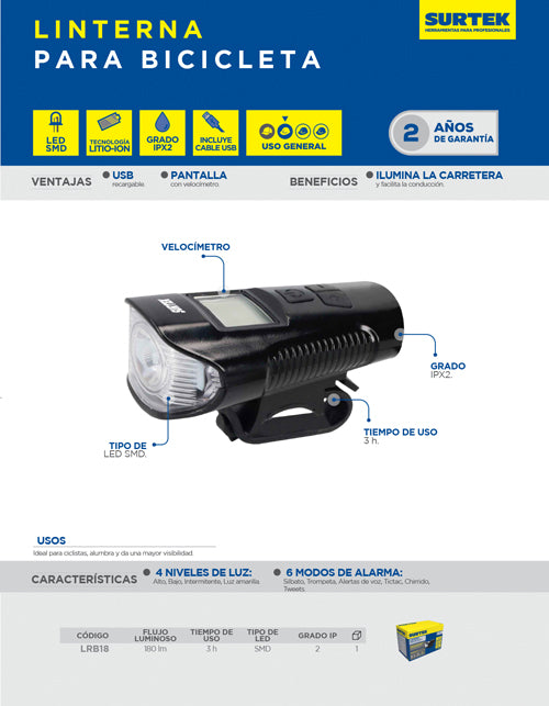 Linterna para bicicleta  recargable de 180 lm Surtek