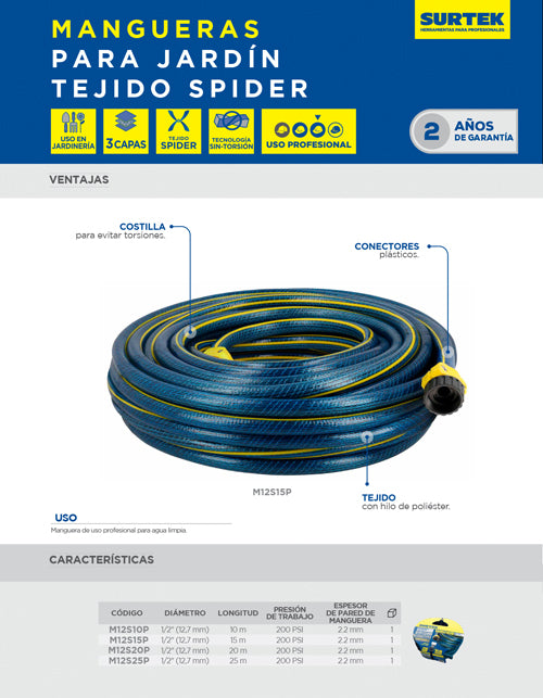 Manguera para jardín spider con conector plástico 1/2", 10 m Surtek