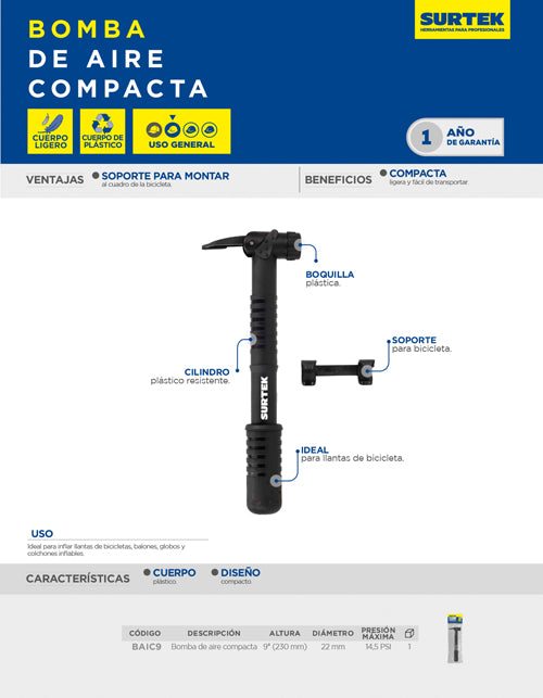 Bomba de aire manual diseño compacto 9" Surtek