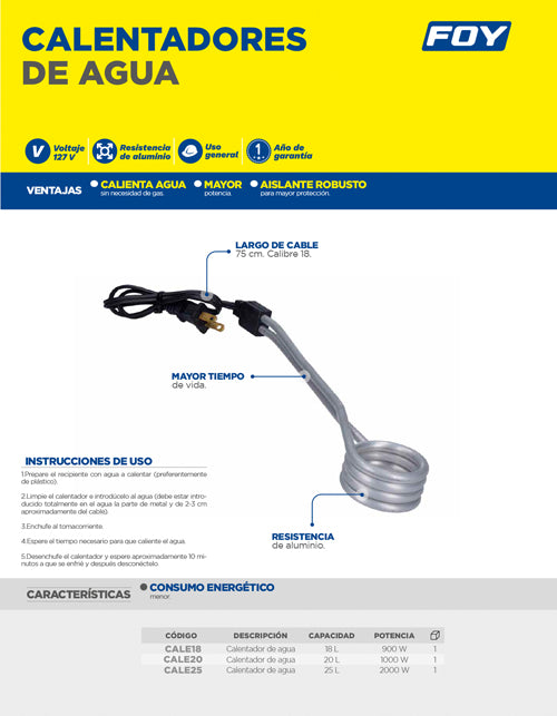 Calentador de agua 20 Lt, 1000 W Foy