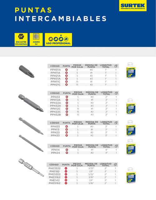Punta Phillips de poder hexágono de 1/4", #3 x 1" 5 piezas Surtek