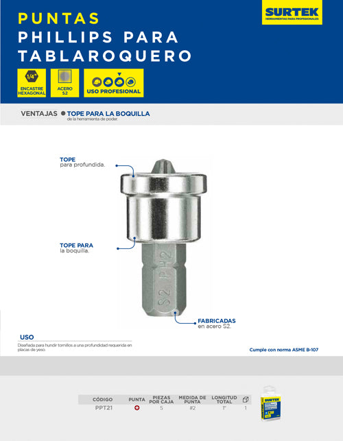 Punta Phillips para tablaroquero hexágono de 1/4", #2 x 1" 5 piezas Surtek