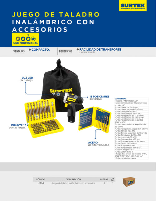 Juego de taladro y atornillador a batería Li-ion 12 V, 4 piezas en morral Surtek