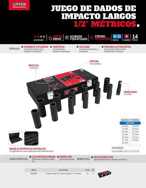 Juego de dados largos de impacto cuadro de 1/2", 6 puntas, métricos, 13 piezas Urrea