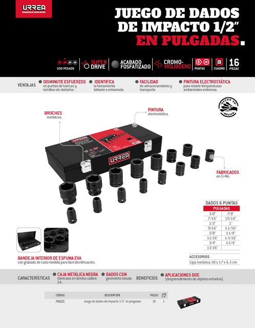 Juego de dados de impacto cuadro de 1/2", 6 puntas, en pulgadas, 15 piezas en caja Urrea