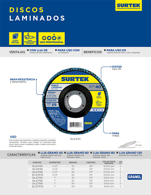 Disco laminado tipo 29 grano 60, 4-1/2" Surtek