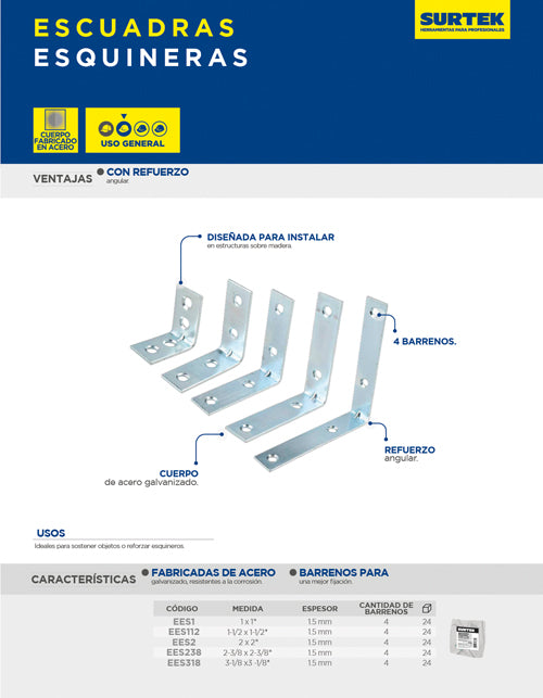 Escuadra esquinera 2-3/8" x 2-3/8", 24 piezas Surtek