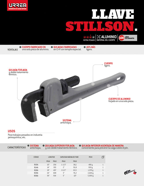 Llave stillson de aluminio de 36" Urrea