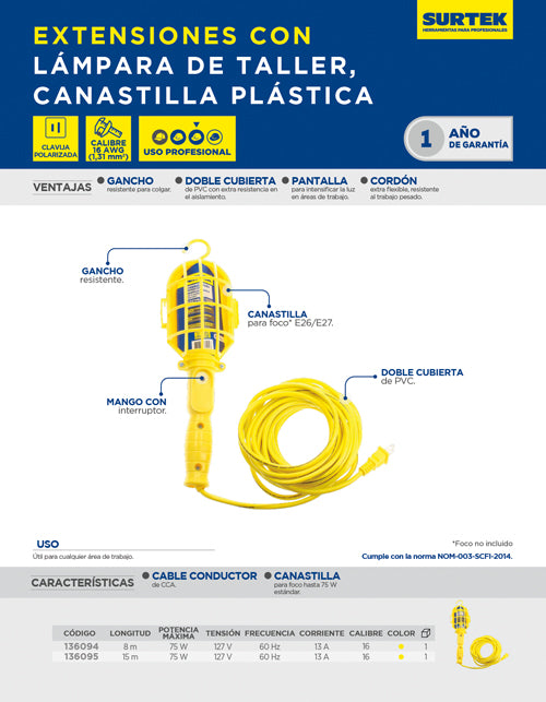 Lámpara de taller con canastilla plástica, color amarillo 8 m Surtek