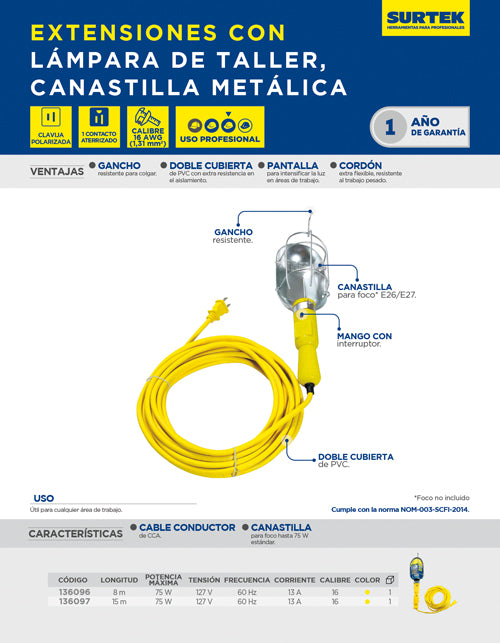Lámpara de taller con canastilla metálica, color amarillo 15 m Surtek