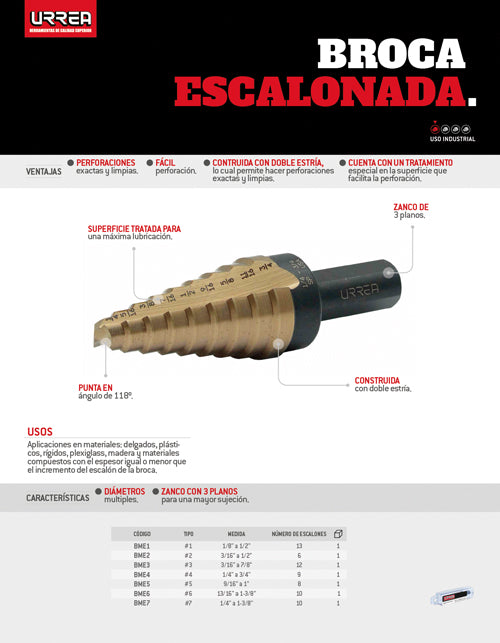 Broca escalonada de acero con doble estría #6, 13/16" a 1-3/8" zanco 3 planos Urrea