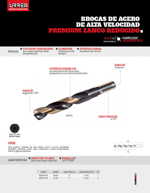 Broca premium de acero de alta velocidad 51/64" zanco reducido Urrea