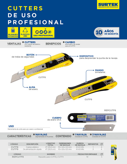 Cutter con cuerpo de plástico de 18 mm, cambio automático de navaja Surtek
