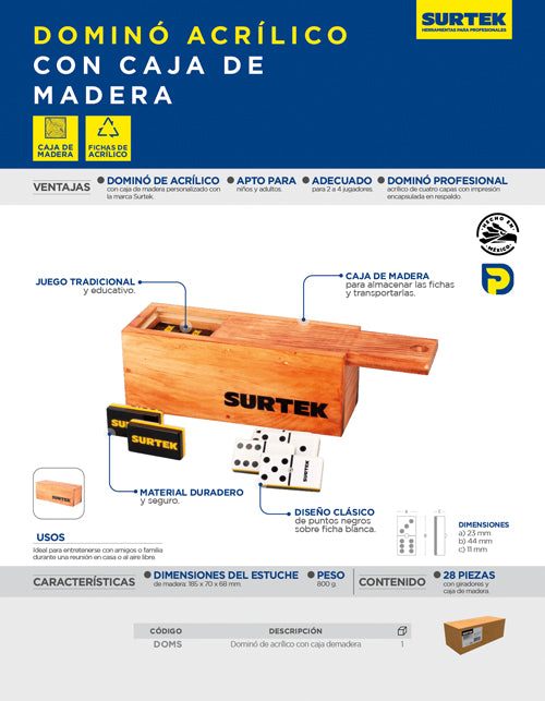 Dominó de acrílico con caja de madera, 28 piezas Surtek