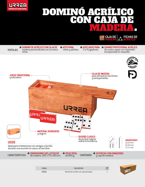 Dominó de acrílico con caja de madera, 28 piezas Urrea