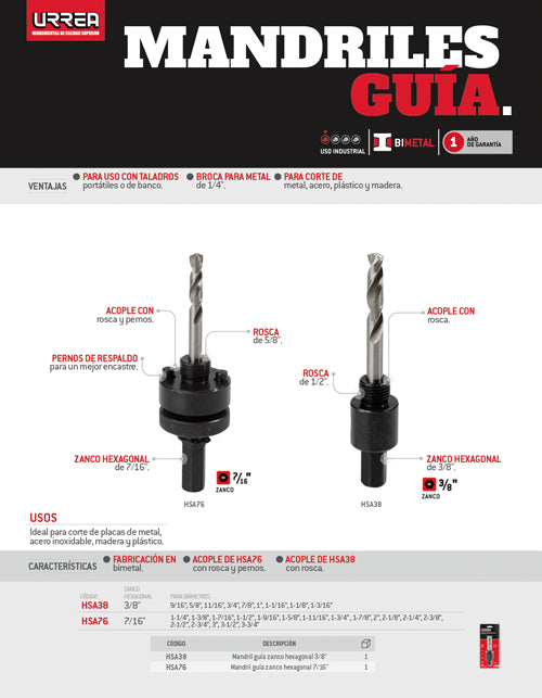 Mandril guía zanco hexagonal 3/8" Urrea