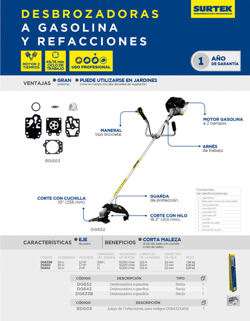 Juego de refacción para desbrozadora DG643, DG652, 7 piezas Surtek