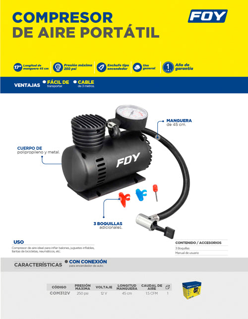 Compresor de aire 250PSI, 12V Foy