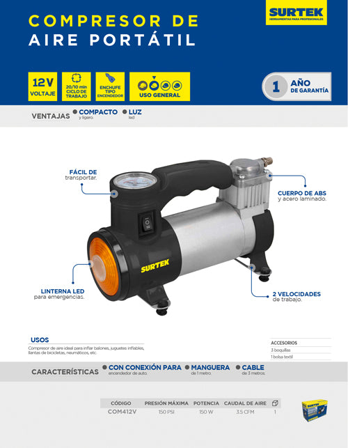 Compresor de aire 150PSI, 12V Surtek