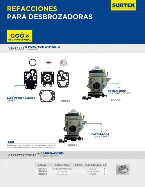 Carburador para desbrozadora DG63 y DG652 Surtek