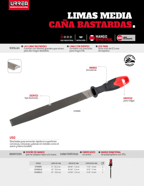 Lima media caña bastarda con mango bimaterial 8" Urrea