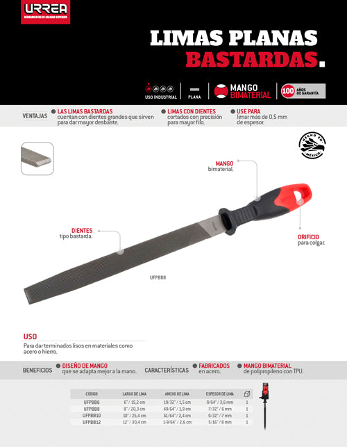 Lima plana bastarda con mango bimaterial 10" Urrea
