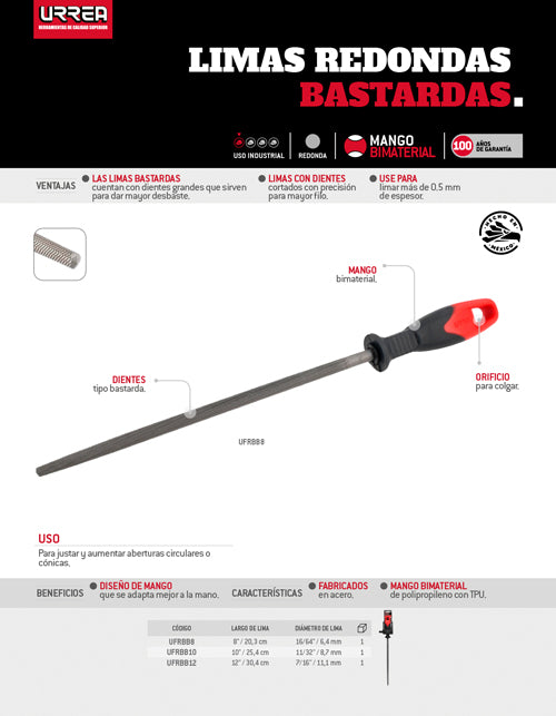 Lima redonda bastarda con mango bimaterial 12" Urrea