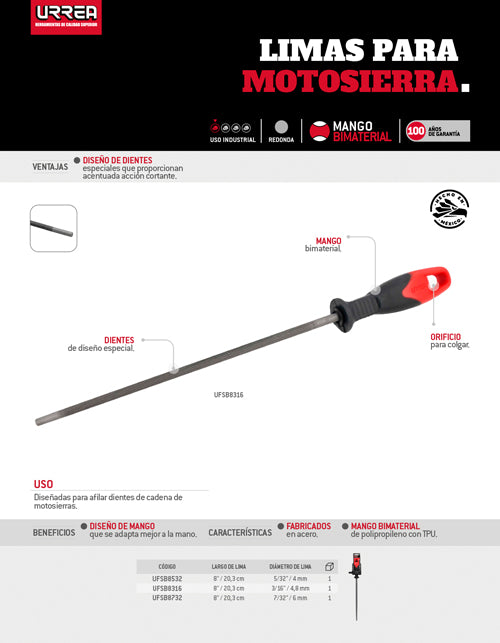 Lima para motosierra con mango bimaterial 3/16" x 8" Urrea