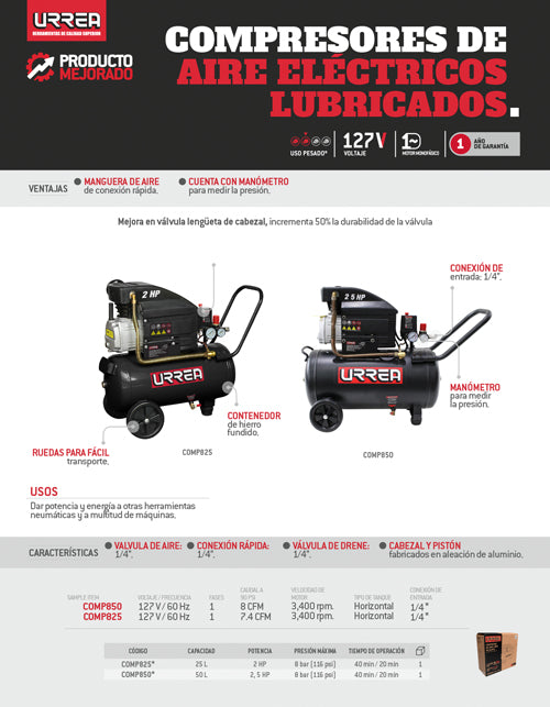 Compresor de aire eléctrico lubricado 25L, 2HP, 127V Urrea