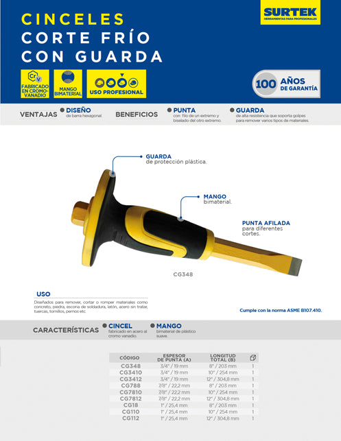 Cincel corta frío forjado con guarda 1", 10" Surtek