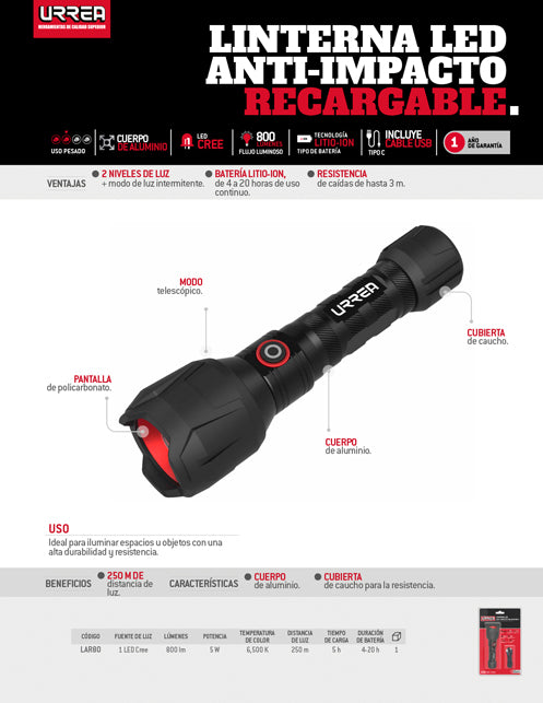 Linterna de LED anti-impacto recargable de 800 lm Urrea