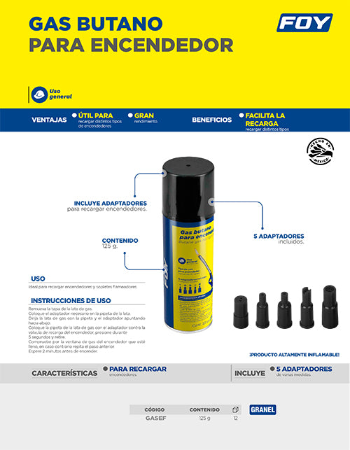 Lata de gas butano para encendedor 125 g Foy